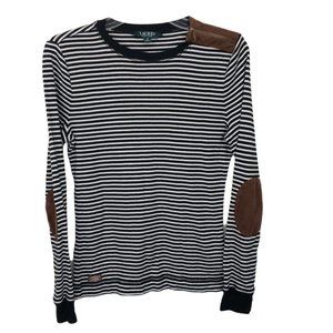 Lauren Ralph Lauren Black and White Striped Faux Suede Tan Elbow Patch Sweater M